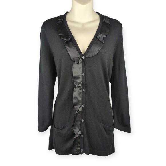 Tahari Sweaters - T Tahari Bevan Black Cardigan Sweater Silky Ruffled Accents 3/4 Slv Soft Tunic S